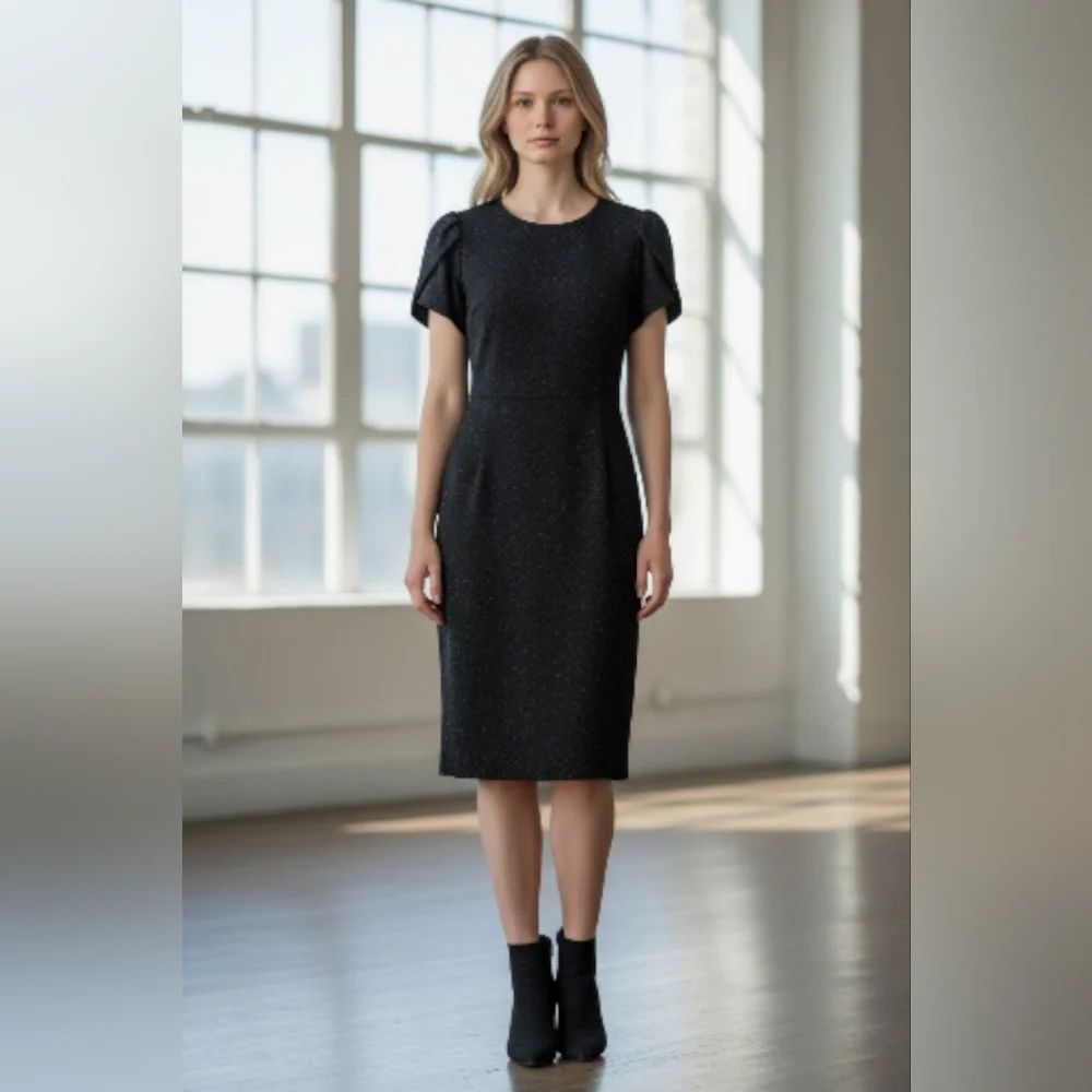 Calvin Klein Metallic Shimmer Black Tulip Sleave Sheath Dress Sz 12 New